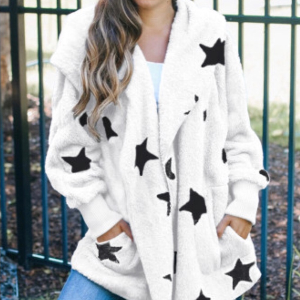 Fuzzy Plush White Star Sweater-Jacket